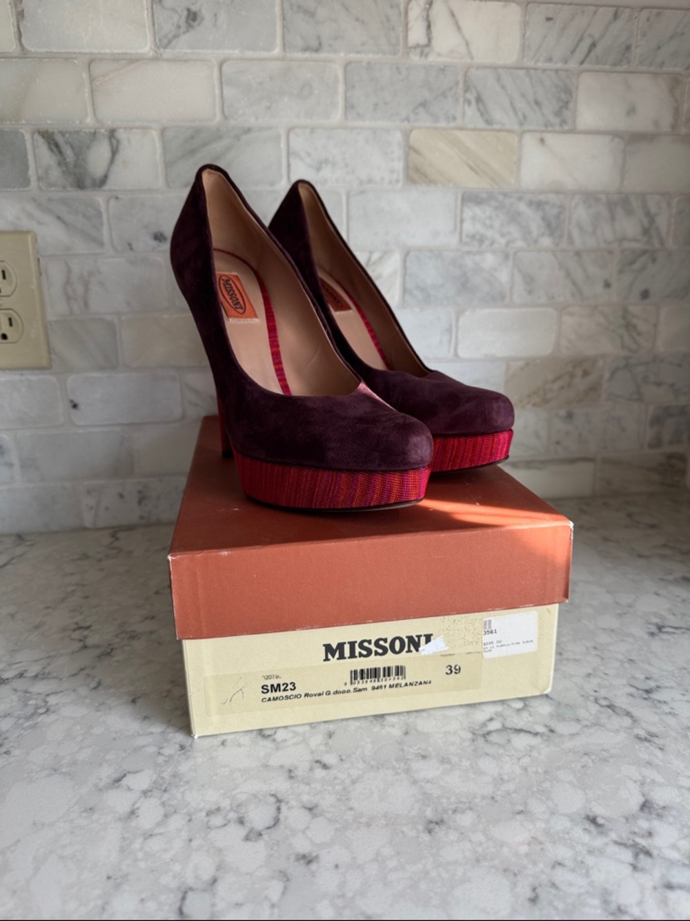 Missoni Plum Suede Platform Pumps with Red-Striped Platform
